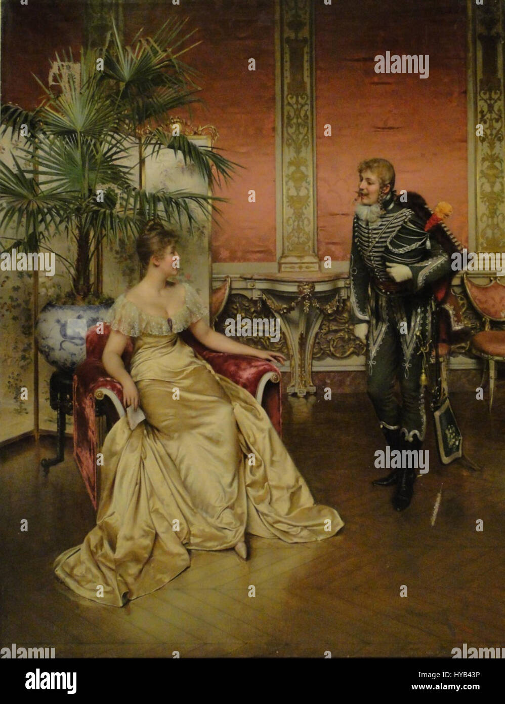 „Visitor“ von Frederick Soulacroix zeigt eine junge Frau in einem eleganten, ruhigen Interieur. Das Gemälde spiegelt Soulacroix' Expertise in der Darstellung von Figuren mit feiner Liebe zum Detail und sanften Farbtönen wider, die typisch für seine Werke im späten 19. Jahrhundert sind. Stockfoto