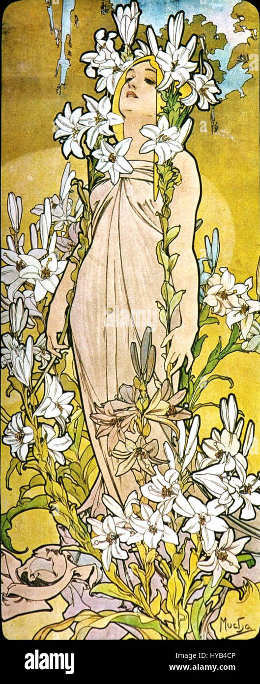 Alfons Mucha's Kunstwerk „die Blumen: Lily“ aus dem Jahr 1898 ist ein eindrucksvolles Beispiel für seinen Jugendstil. Das Stück zeigt eine anmutige Frau umgeben von Lilien, die Schönheit, Natur und Weiblichkeit verkörpert. Muchas Verwendung fließender Linien und dekorativer Elemente unterstreicht das florale Motiv und die elegante Form. Stockfoto