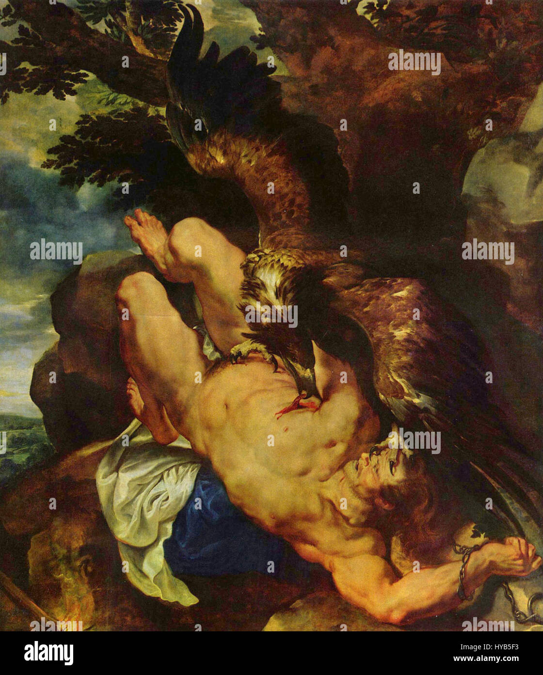 Peter Paul Rubens' 'Prometheus gebunden' stellt den griechischen Mythos von Prometheus dar, der von Zeus dafür bestraft wurde, dass er der Menschheit Feuer geschenkt hat. Rubens porträtiert Prometheus in Qual, an einen Felsen gekettet, mit einem Adler, der an seine Leber pickt, und betont Themen wie Leiden, Bestrafung und menschliche Ausdauer. Stockfoto