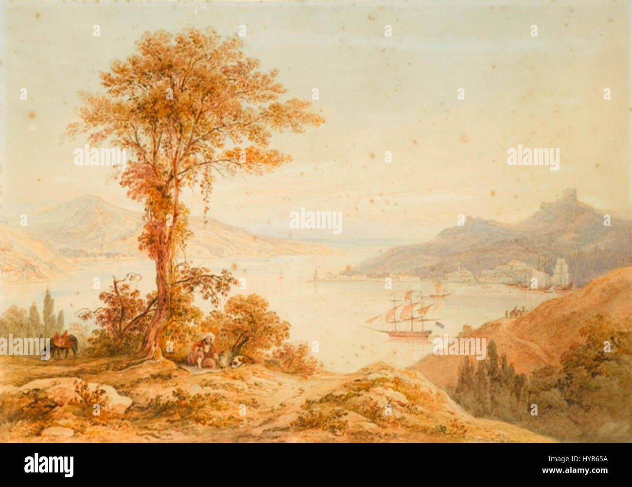 Thomas Alloms Gemälde „Schiffe auf dem Bosporus“ fängt den Blick auf Schiffe ein, die ins Schwarze Meer einfahren, und veranschaulicht das maritime Leben und die Handelsrouten des 19. Jahrhunderts. Das Kunstwerk unterstreicht Alloms Kunst in Architektur und Landschaftsmalerei. Stockfoto