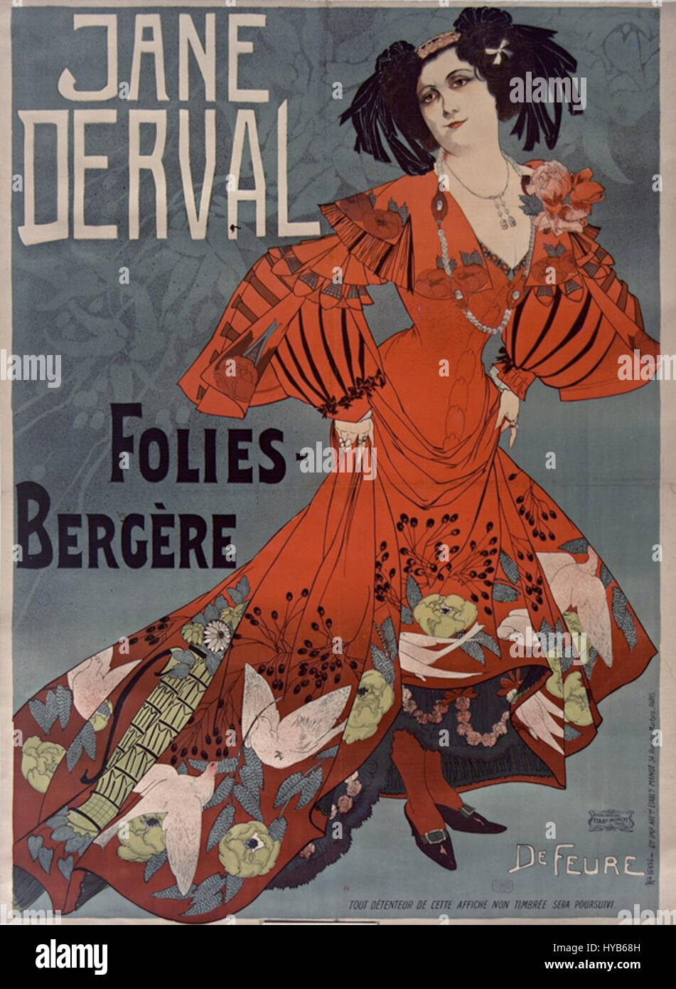 Jane Dervals Poster von de Feure zeigt eine Mischung aus Jugendstil und lebendigem grafischem Design, die Eleganz und komplizierte Muster betont, die typisch für die europäische Kunst des frühen 20. Jahrhunderts sind. Stockfoto