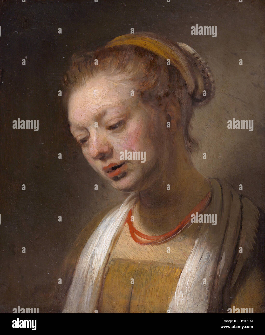 Dieses Kunstwerk von Rembrandt van Rijn spiegelt seinen unverkennbaren Stil von dramatischem Licht und Schatten wider, wobei der Schwerpunkt auf Porträtdarstellung und menschlichem Ausdruck liegt. Stockfoto