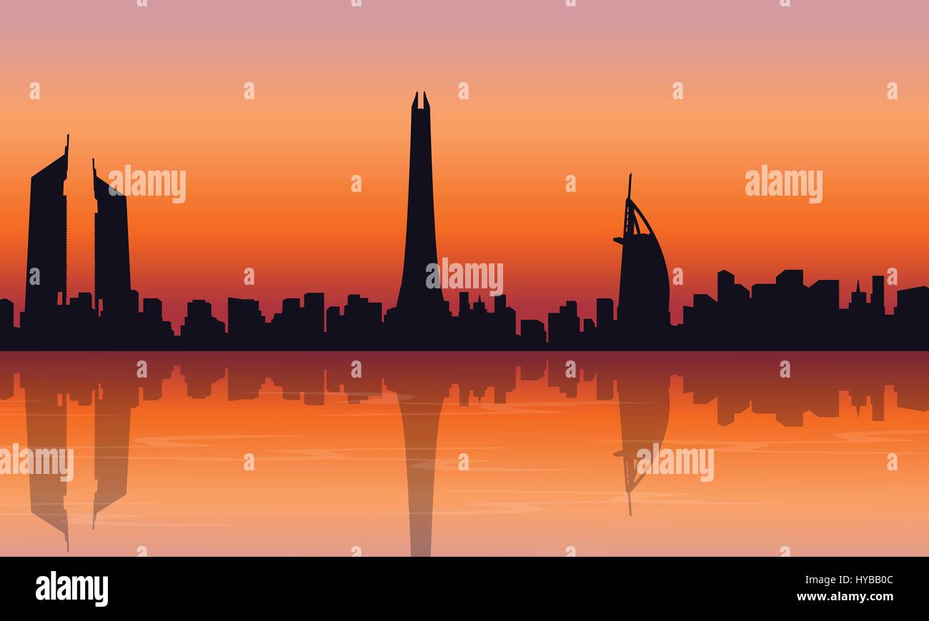 Silhouette Der Dubai Skyline Bei Sonnenuntergang Landschaft Stock Vektorgrafik Alamy