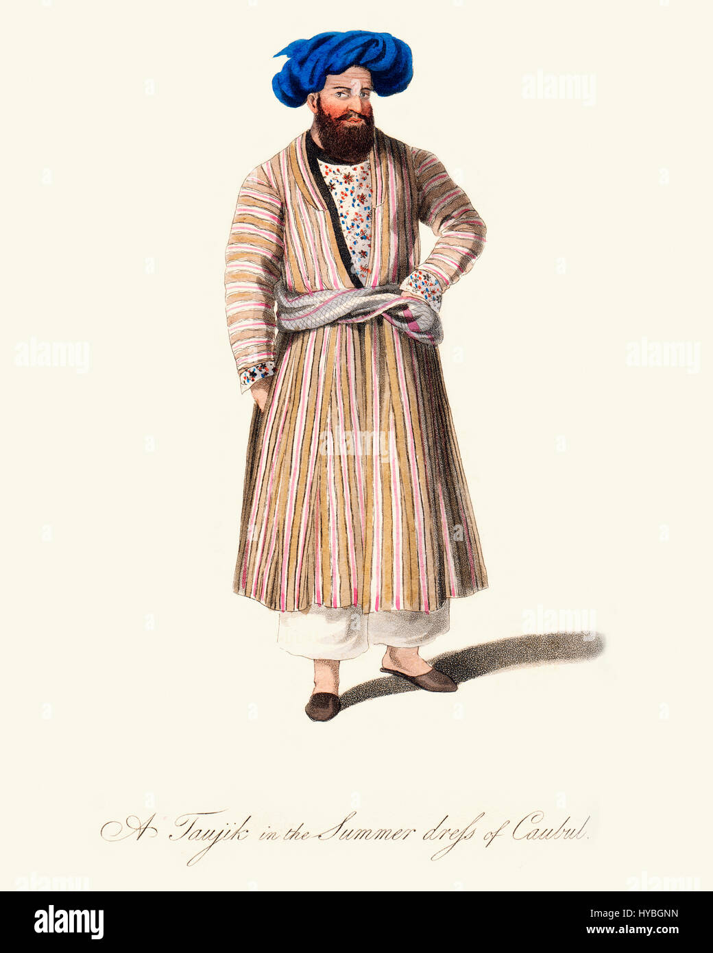 Vintage Farbe Gravur von 1819 zeigt einen tadschikischen Mann in das Sommerkleid von Kabul, Afghanistan. Stockfoto
