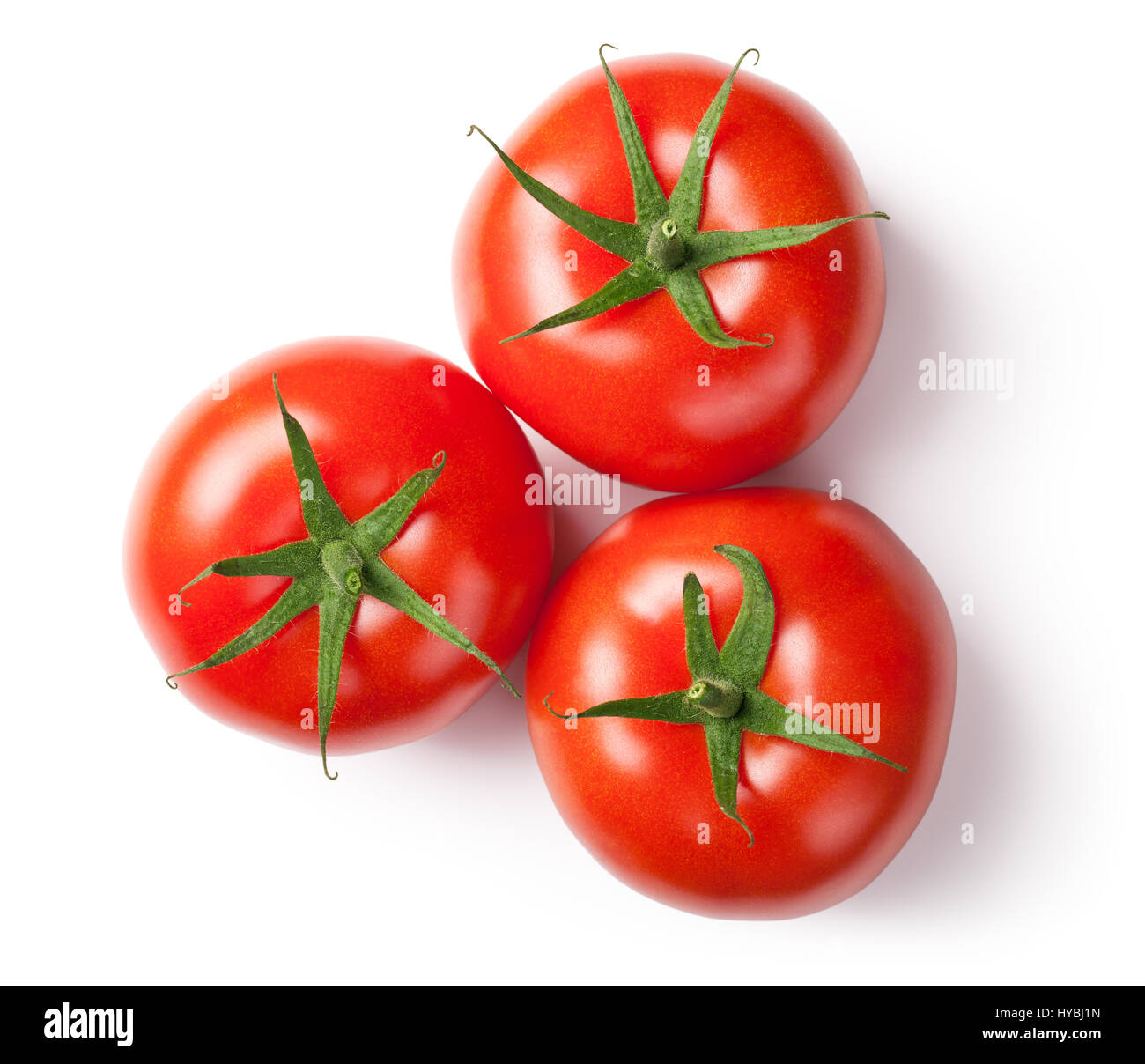 Frische Tomaten auf weißem Hintergrund. Ansicht von oben Stockfoto