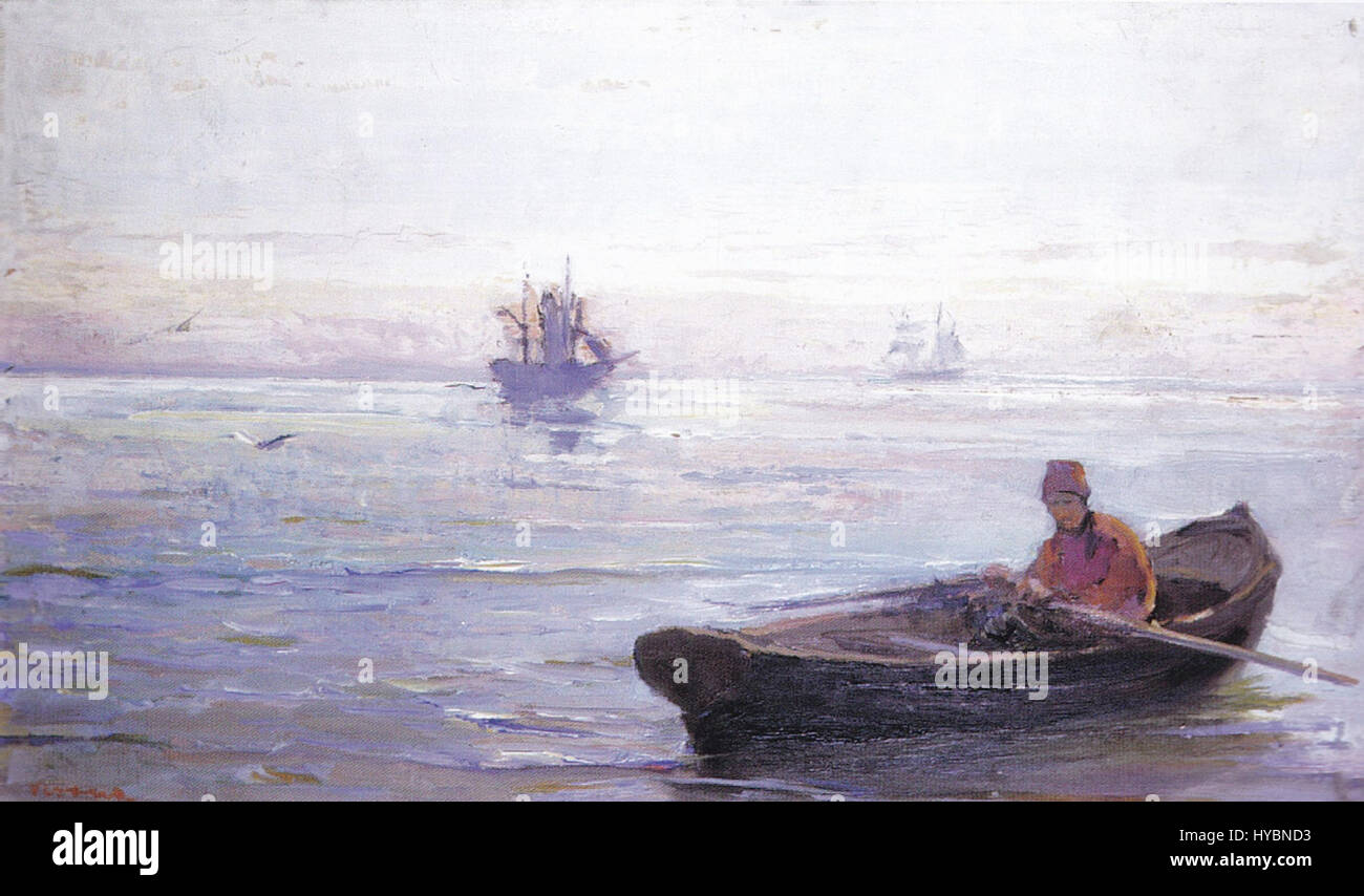 Arthur Veronas „La Sulina“ ist eine impressionistische Landschaft, die die beschauliche Szene des Flusses Sulina darstellt. Das Gemälde fängt das Licht und die Stimmung des Flusses ein und zeigt Veronas Kunst, die Schönheit der Natur zu vermitteln. Stockfoto