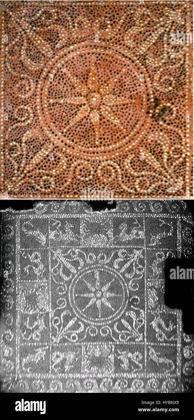 Das Ai Khanum-Mosaik aus dem 2. Bis 3. Jahrhundert v. Chr. ist ein Schlüsselbeispiel hellenistischer Kunst in Zentralasien. Sie wurde in der antiken Stadt Ai Khanum im heutigen Afghanistan entdeckt. Das Mosaik zeigt verschiedene mythologische Szenen und zeigt den künstlerischen Einfluss der griechischen Kultur in der Region. Stockfoto