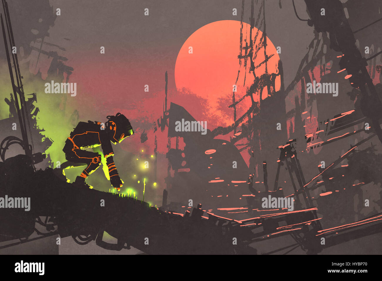 der Roboter die Saat in die Ruinenstadt bei Sonnenuntergang, Illustration Malerei Stockfoto