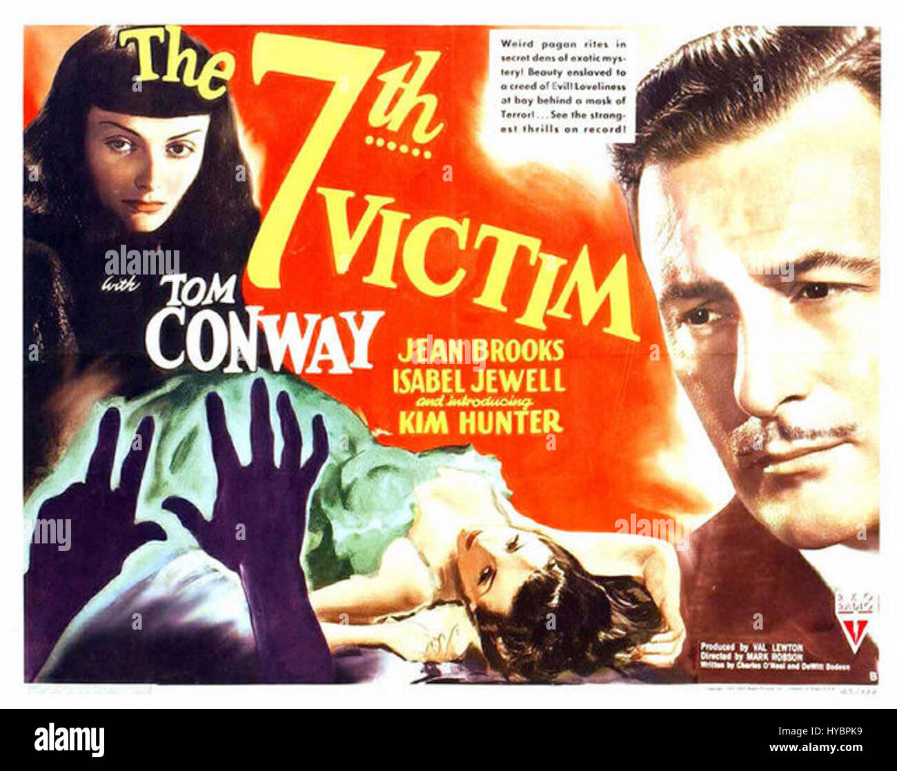 Das Poster für „Siebtes Opfer“ zeigt dramatische Bilder aus dem Film von 1943, einem klassischen psychologischen Horror aus Val Lewton. Es fängt die Essenz der Spannung ein und konzentriert sich auf den Noir-Stil und die unheimlichen Themen. Stockfoto