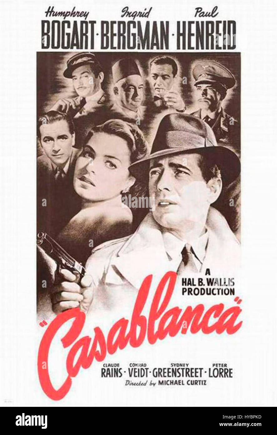 Das Poster „Casablanca“ mit dem legendären Film aus dem Jahr 1942 wurde zu einem der berühmtesten Werbekunstwerke der Filmgeschichte. Das Poster spiegelt die zeitlosen Themen Liebe, Opfer und Patriotismus wider. Stockfoto