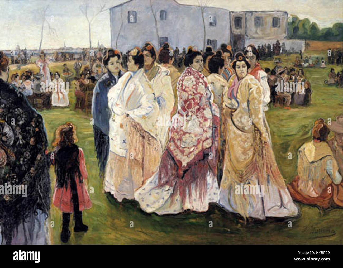 Francisco Iturrinos „Fiesta en el campo“ (1902) zeigt eine lebhafte Freiluftfeier in ländlicher Umgebung. Das Werk fängt die Lebendigkeit der spanischen Landfeste ein und verbindet impressionistische Techniken mit regionalen kulturellen Themen. Stockfoto