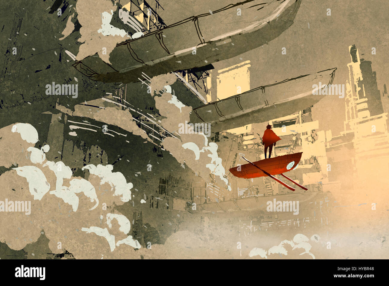 Sci-Fi-Szene von der Mann mit dem fliegenden Fahrzeug schweben in futuristischen Stadt, Illustration, Malerei Stockfoto
