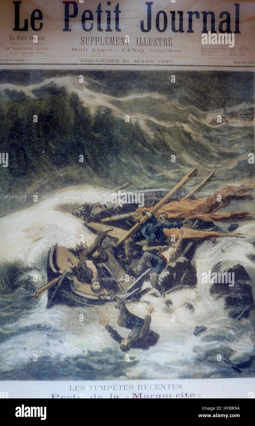 Die „Perte de la Marguerite“ ist eine Illustration aus der Ausgabe des „Le Petit Journal“ vom 21. März 1897. Das Bild, ein zeitgenössisches Stück, zeigt eine Szene, die sich an den Themen der Populärkultur und des dramatischen Ausdrucks orientiert, die in den französischen Medien des späten 19. Jahrhunderts gefunden wurden. Stockfoto