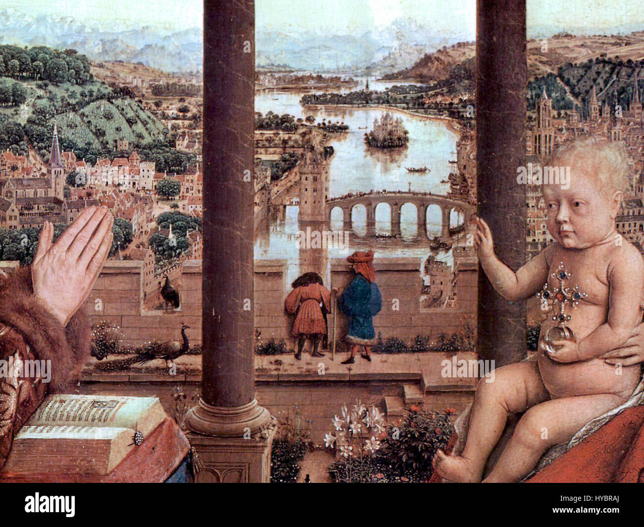 Die „Jungfrau mit Kanzler Rolin“ ist ein berühmtes Gemälde von Jan van Eyck. Dieses Detail zeigt die Jungfrau Maria mit Kanzler Rolin, einer prominenten Persönlichkeit des 15. Jahrhunderts, und betont das hohe Niveau des Realismus und die reichen symbolischen Elemente, die typisch für die nördliche Renaissance sind. Stockfoto