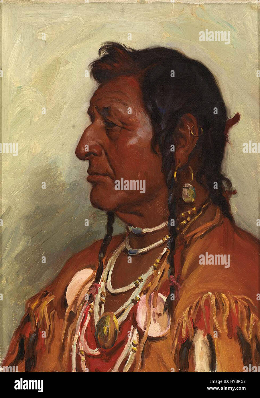 Joseph Henry Sharps „White Swan“, der um 1900 gemalt wurde, spiegelt seine Bewunderung für die Kultur der amerikanischen Ureinwohner wider. Das Gemälde zeigt eine Figur der amerikanischen Ureinwohner in traditioneller Kleidung und symbolisiert die Verbindung zwischen Mensch und Natur in Sharps realistischem, aber romantisiertem Stil. Stockfoto