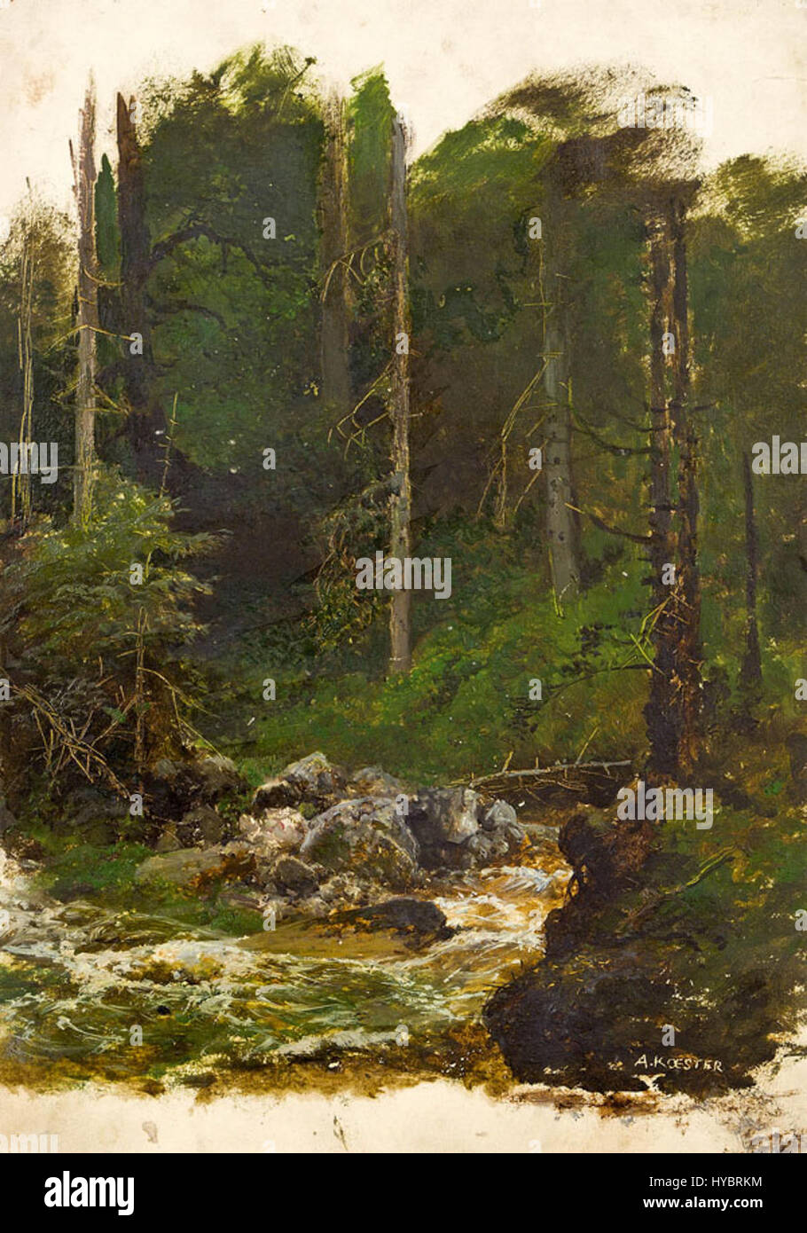 *Waldstudie* von Alexander Koester ist ein detailliertes Landschaftsbild, das eine Waldszene mit naturalistischen Elementen zeigt. Die Arbeit unterstreicht Koesters Fähigkeit, Licht und Schatten in der Natur einzufangen. Stockfoto