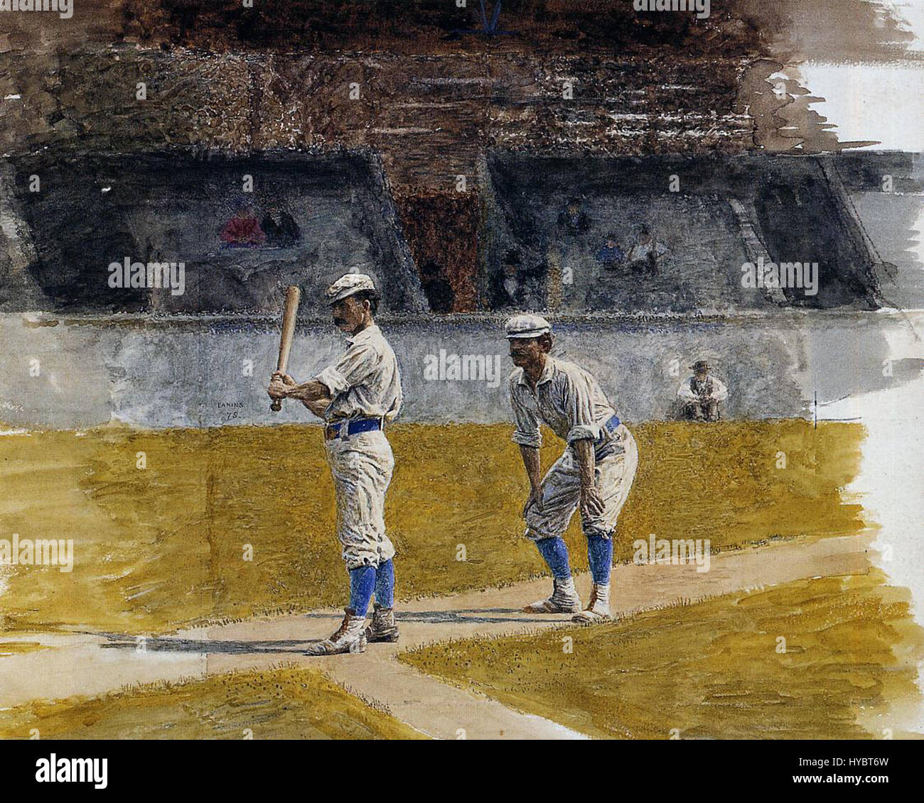 Thomas Eakins' „Baseballspieler üben“ aus dem Jahr 1875 zeigt eine dynamische Szene von Athleten, die im Training aktiv sind. Eakins’ Fokus auf menschliche Anatomie und Bewegung macht dieses Gemälde zu einem bedeutenden Beispiel für den Realismus des 19. Jahrhunderts in der amerikanischen Kunst. Stockfoto