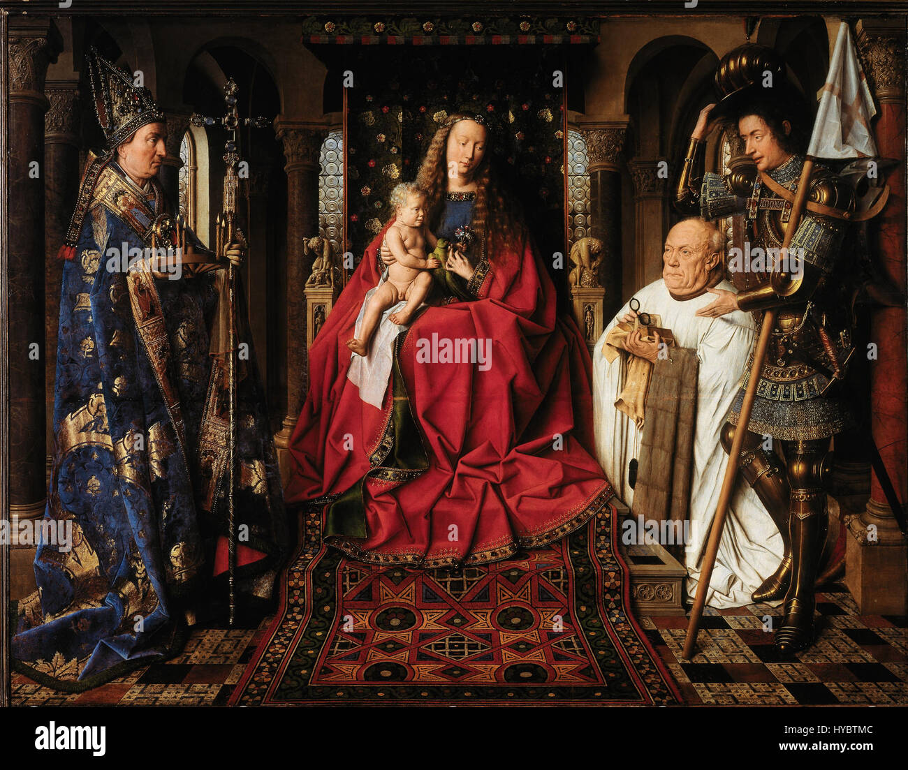 Jan van Eyck, eine Schlüsselfigur der nördlichen Renaissance, schuf „069“, ein detailliertes und realistisches Gemälde, das für seine Präzision und die Verwendung von Ölfarben zur Darstellung religiöser Szenen und Porträts bekannt ist. Stockfoto