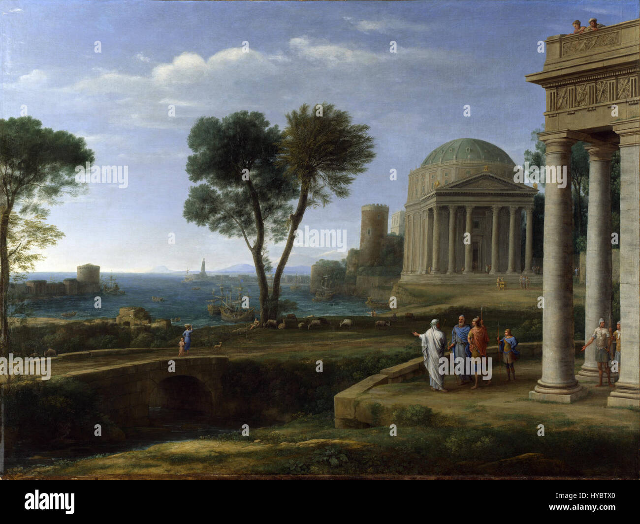 Claude Lorrains Landschaftsbild zeigt die klassische Schönheit und Ruhe der Natur, bekannt für ihre idealisierten Darstellungen der Landschaft. Seine Werke umfassen oft einen ruhigen Himmel und sorgfältig gerenderte Details. Stockfoto