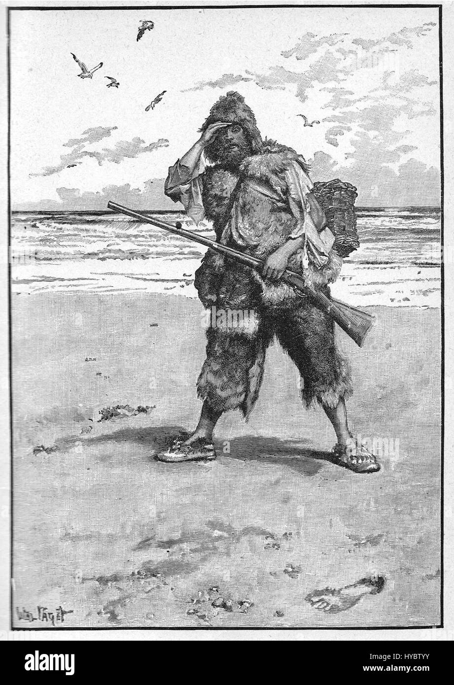 Crusoe 2, illustriert von Paget, zeigt eine Szene aus dem berühmten Roman Robinson Crusoe. Die Illustration zeigt Crusoes einsames Leben auf der Insel und konzentriert sich dabei auf das Thema Überleben und Einsamkeit. Das Kunstwerk fängt die Stimmung der Isolation ein, ein wichtiger Aspekt der Erzählung des Romans. Stockfoto