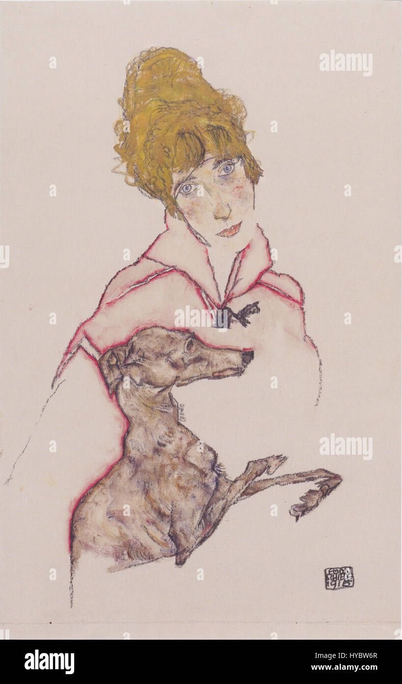 Edith Schiele mit Windhund ist ein Gemälde des österreichischen Künstlers Egon Schiele, das 1915 entstanden ist. Es zeigt Schieles Frau Edith neben einem windhund und, was seinen unverwechselbaren expressionistischen Stil widerspiegelt, mit Schwerpunkt auf rohe Emotionen und komplizierte Linienarbeit. Stockfoto Edith Schiele mit Windhund ist ein Gemälde des österreichischen Künstlers Egon Schiele, das 1915 entstanden ist. Es zeigt Schieles Frau Edith neben einem windhund und, was seinen unverwechselbaren expressionistischen Stil widerspiegelt, mit Schwerpunkt auf rohe Emotionen und komplizierte Linienarbeit. Stockfoto