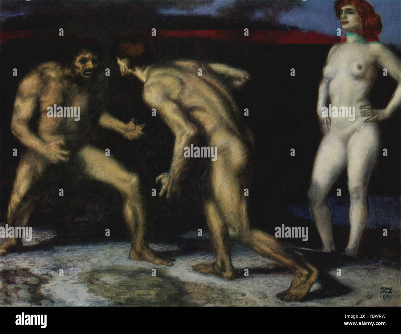 Franz von Stuck war ein deutscher Künstler, der für seinen Symbolisten und Jugendstilstil bekannt war. Diese Arbeit wird wahrscheinlich seinen eigenen Ansatz demonstrieren, der oft mythologische Themen, intensive Emotionen und dramatische Figuren umfasst. Stockfoto