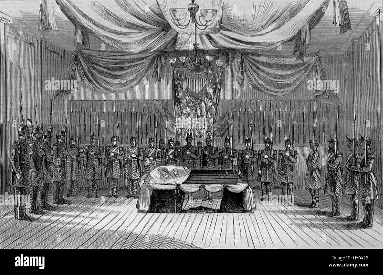 Das „Begräbnis des verstorbenen Generals Canby“ zeigt die feierliche Zeremonie und die öffentliche Trauer von General Canby, einer Schlüsselfigur in der amerikanischen Geschichte, mit seinem Körper im Staat, was den Respekt der Nation für seinen Dienst widerspiegelt. Stockfoto