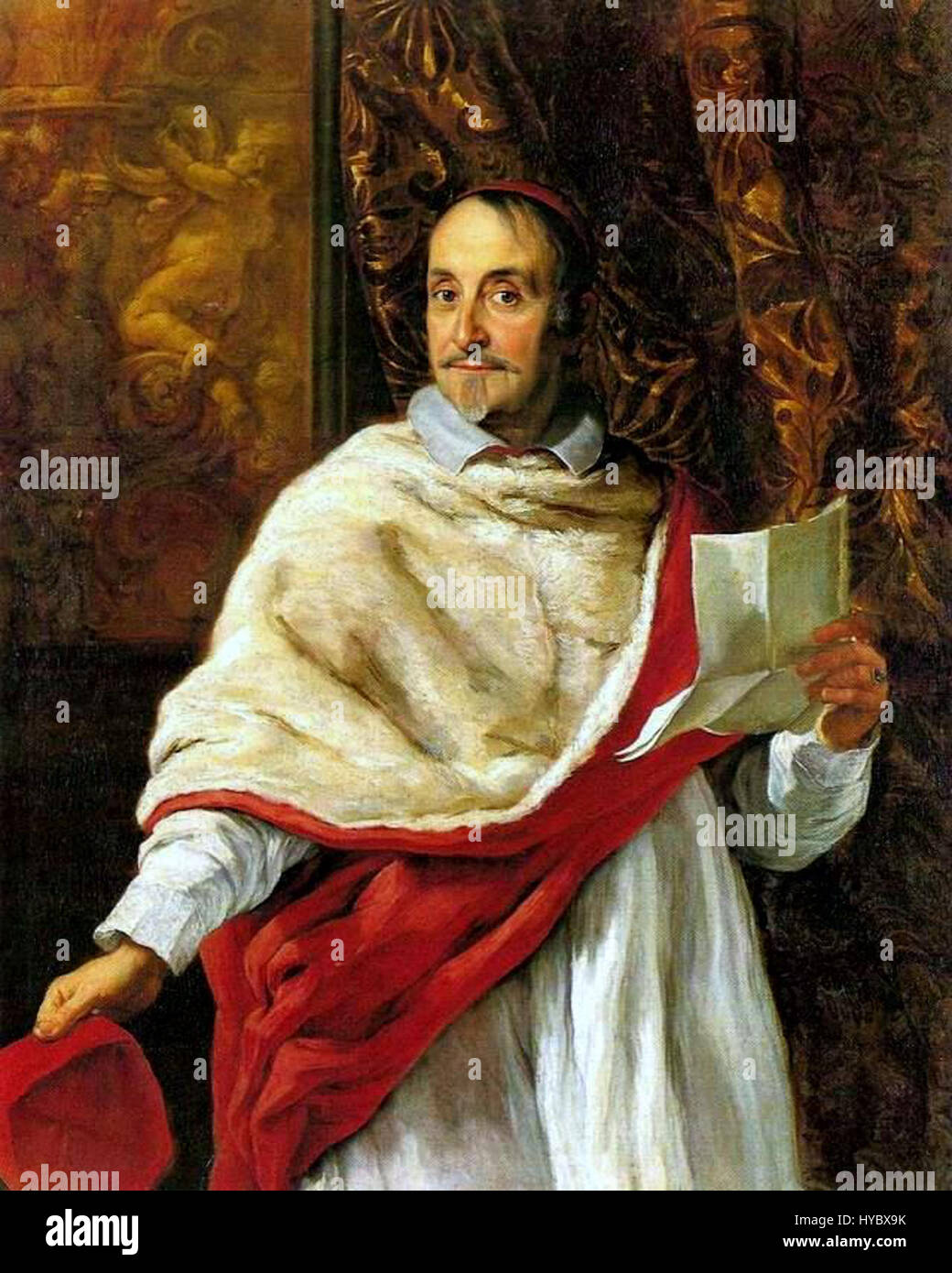 Giovanni Battista Gaulli, ein italienischer Barockmaler, schuf dieses Porträt von Kardinal Luigi Alessandro Omodei, das die würdevolle Pose und formale Kleidung des Kardinals zeigt, ein Spiegelbild der Konzentration des Barock auf Realismus und Grandiosität. Stockfoto