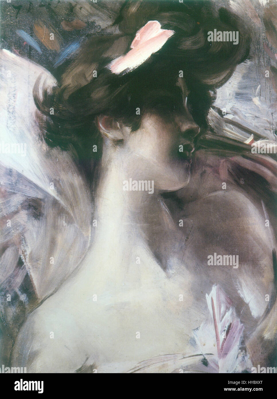 „Testa di giovane su fondo rosa“ von Giovanni Boldini ist ein Porträt einer jungen Frau vor einem sanften rosa Hintergrund. Boldinis Gemälde ist bekannt für seine Meisterschaft bei der Erfassung der Eleganz und Dynamik seiner Motive und hebt die expressiven Merkmale und die anmutige Haltung des Motivs hervor, die typisch für seinen Porträtstil aus dem späten 19. Jahrhundert sind. Stockfoto