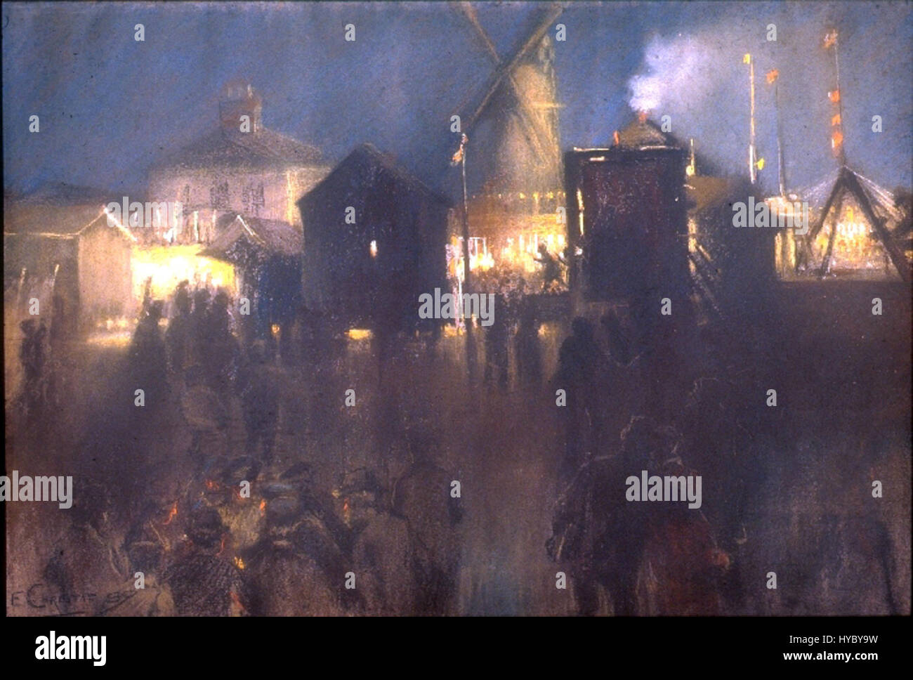 James Guthries Gemälde „A Fairground at Night“ aus dem Jahr 1889 fängt die geschäftige Atmosphäre eines Festplatzes unter dem Nachthimmel ein. Das Werk zeichnet sich durch leuchtende Lichter, dynamische Menschenmassen und ein lebendiges Bewegungsgefühl aus, das die lebendige Natur des Ereignisses vor einer dunklen, geheimnisvollen Kulisse unterstreicht. Stockfoto