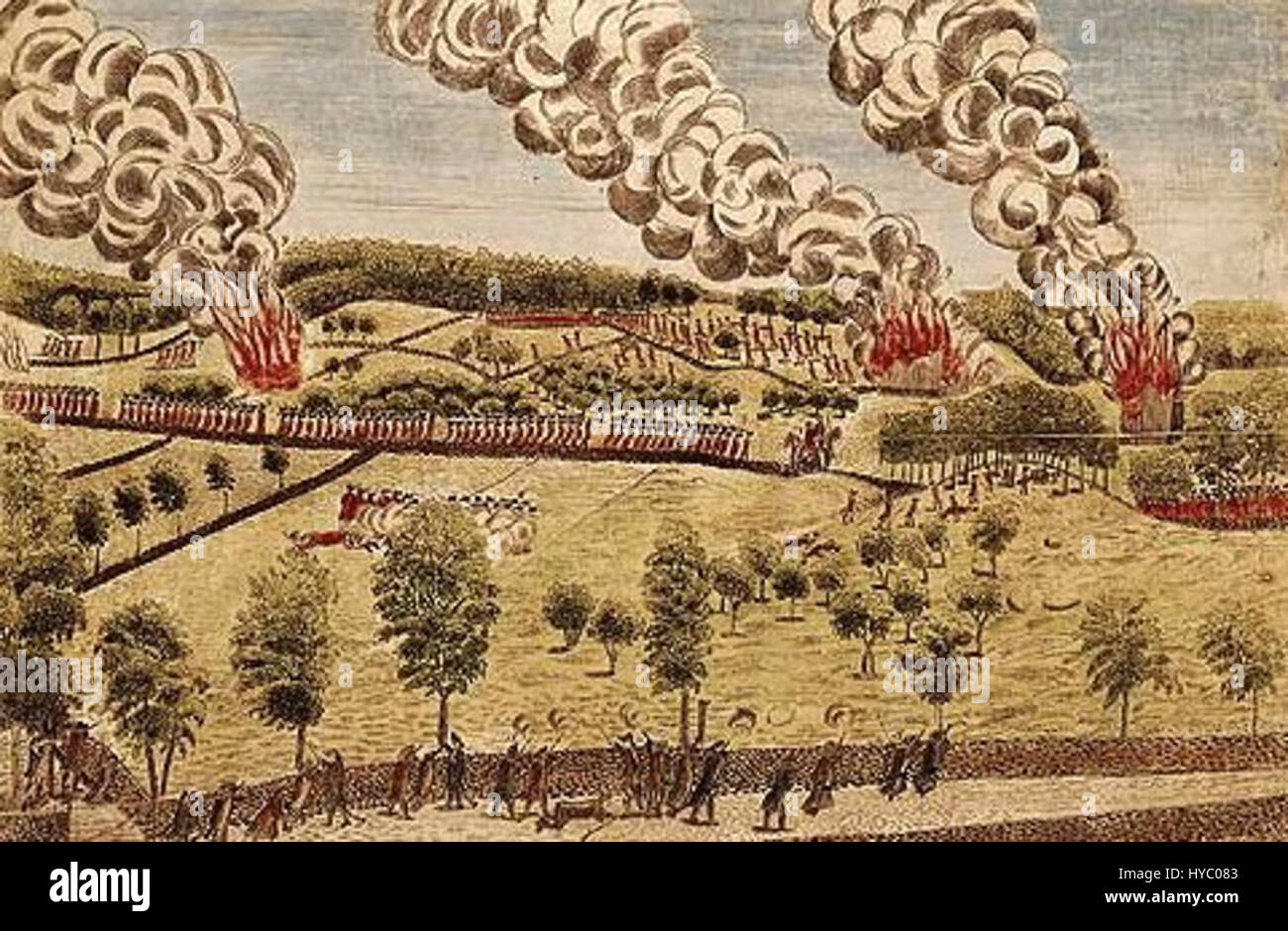 Dieses Detail aus der historischen Szene „Percy's Rescue at Lexington“ veranschaulicht den dramatischen Moment während der Amerikanischen Revolution. Es konzentriert sich auf den britischen Offizier Percy und die angespannte Atmosphäre, während er versucht, in Lexington zu retten. Stockfoto