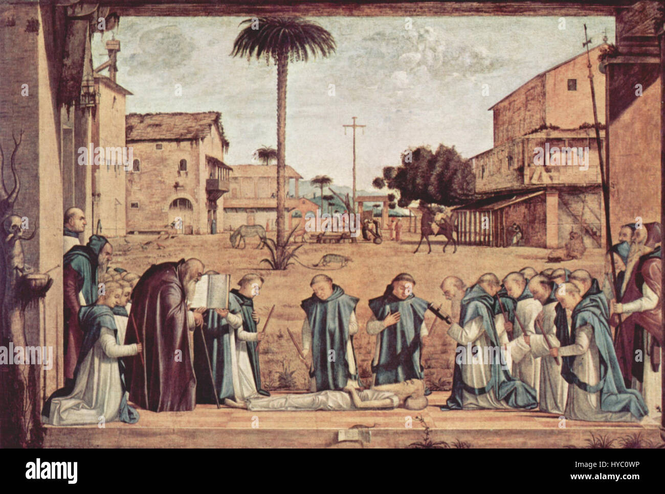 Vittore Carpaccios Arbeiten, die typischerweise mit der venezianischen Renaissance-Kunst in Verbindung gebracht werden, umfassen detaillierte religiöse Szenen. Sein Malstil ist bekannt für seine klare Komposition, die Verwendung lebendiger Farben und die historische Tiefe, die oft das venezianische Leben und religiöse Erzählungen präzise darstellt. Stockfoto