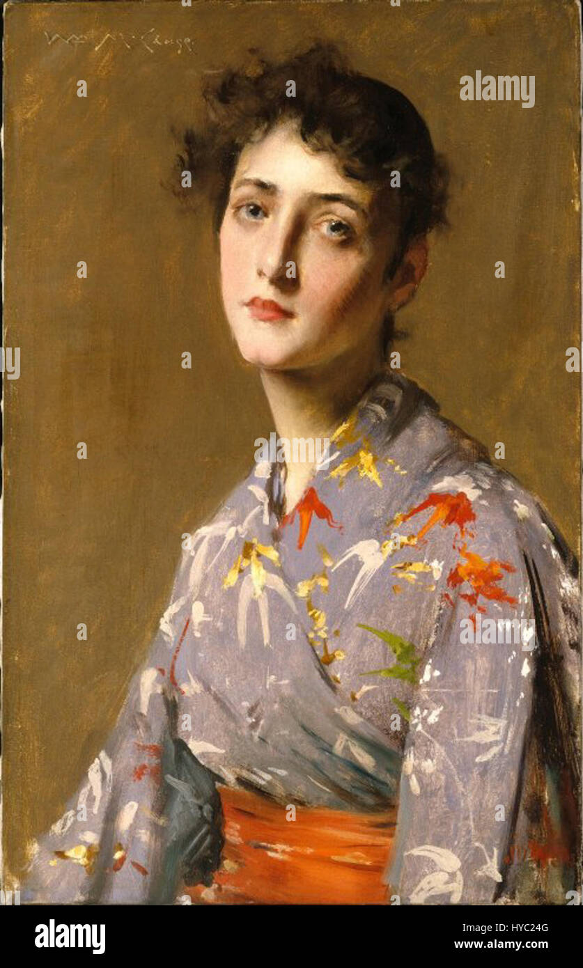 „Girl in a Japanese Costume“ von William Merritt Chase präsentiert eine Figur in traditioneller japanischer Kleidung, die das Interesse des Künstlers am kulturellen Austausch und seine Porträtkunst zum Ausdruck bringt. Stockfoto