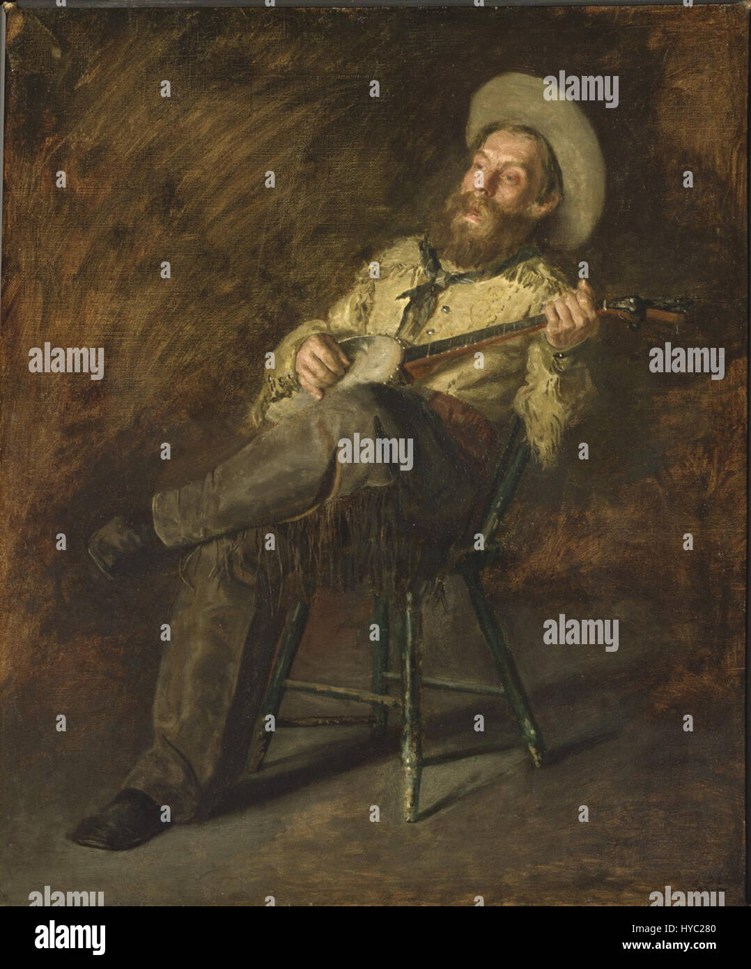 Thomas Eakins’ Cowboy Singing fängt einen Moment des amerikanischen Lebens im späten 19. Jahrhundert ein und stellt einen Cowboy in einem naturalistischen Stil dar. Eakins war bekannt für seinen Fokus auf Realismus und Liebe zum Detail in seiner Kunst. Stockfoto