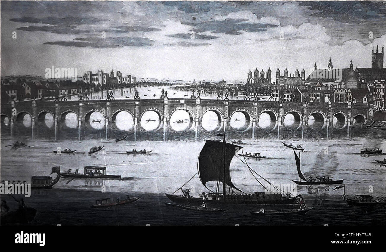 Die 1750 erbaute Westminster Bridge ist ein Wahrzeichen Londons. Die Brücke verbindet Westminster mit Lambeth und ist bekannt für ihre historische Bedeutung, ihr technisches Design und die malerische Aussicht auf die Themse und die Wahrzeichen Londons. Stockfoto