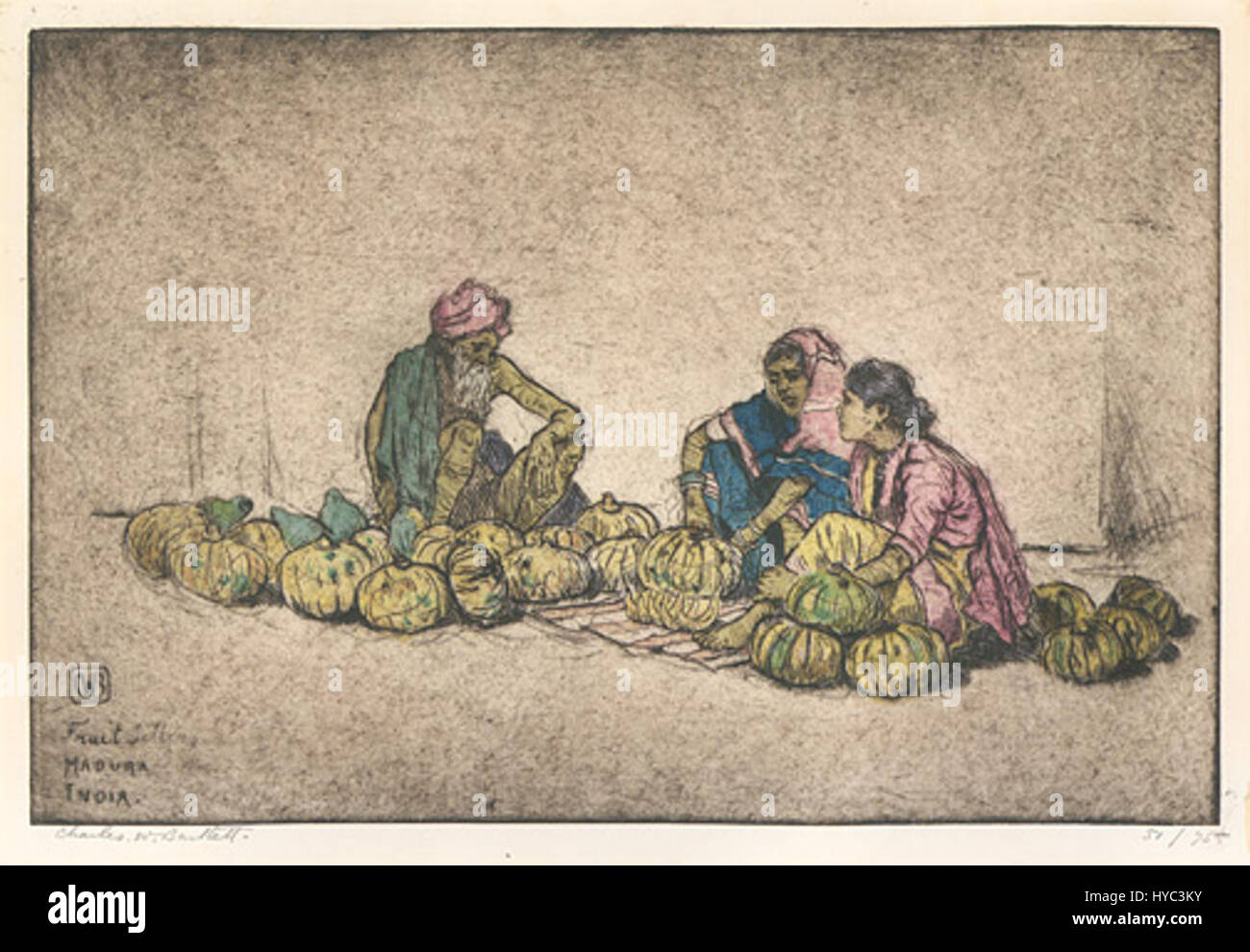 Obstverkäufer, Madura Indien von Charles Bartlett, hand farbige Radierung Stockfoto