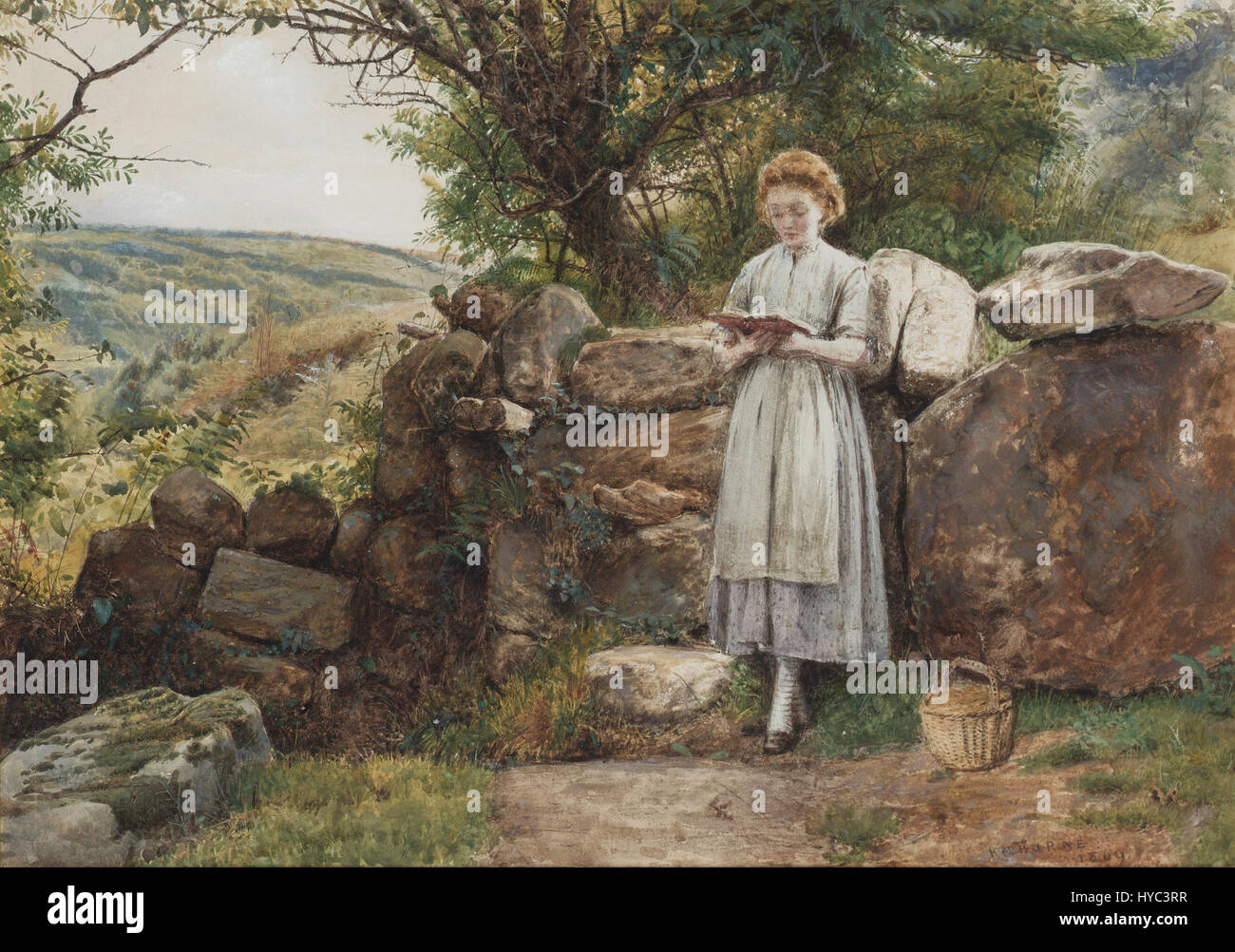 Ein Gemälde von George Goodwin Kilburne aus dem Jahr 1869 mit dem Titel „A Peace Read“, das eine junge Frau darstellt, die in ihre Lektüre eingefressen ist. Das Kunstwerk hebt die Ruhe der Szene und die reflektierende Stimmung des Motivs hervor. Stockfoto