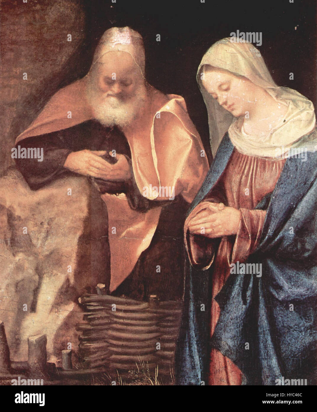 Das Kunstwerk Giorgione 015 wird dem venezianischen Meister der Renaissance Giorgione zugeschrieben. Giorgiones Werk ist bekannt für seine atmosphärische Landschaft und den Einsatz von Licht und verkörpert die weichen, geheimnisvollen Qualitäten der Renaissance-Kunst. Stockfoto