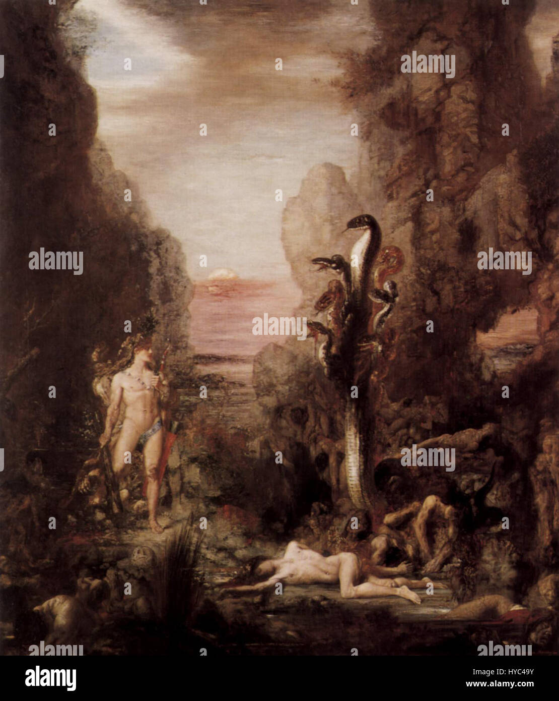 Ein Gemälde von Gustave Moreau, einem französischen Symbolisten aus dem 19. Jahrhundert, bekannt für seine mythologischen und biblischen Themen, seine komplizierten Details und seinen fantasievollen Symbolismus. Stockfoto