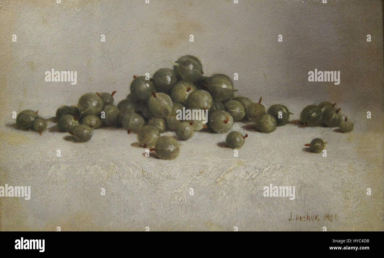 Stachelbeeren von Joseph Decker, gemalt 1896, zeigt ein Stillleben reifer Stachelbeeren in naturalistischer Komposition. Deckers Werk ist bekannt für seine Präzision und Liebe zum Detail und fängt die Frische und Textur der Frucht ein und spiegelt das Interesse des 19. Jahrhunderts an Realismus und Natur wider. Stockfoto