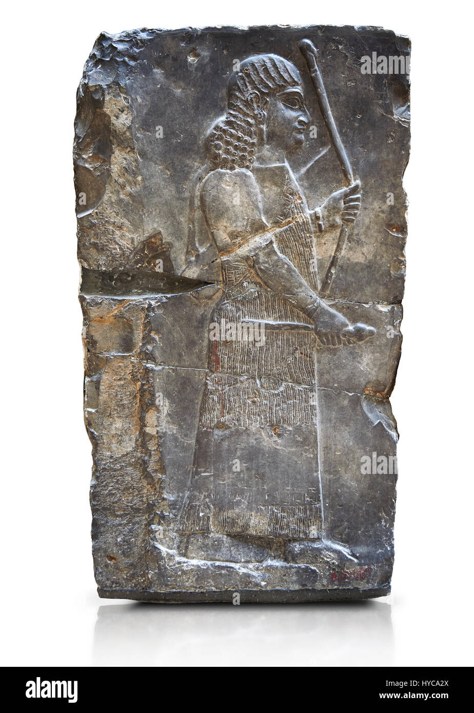 Stein Relief geschnitzte Panel eines Bogenschützen. Inv AO 19885 von Dur Sharrukin Palast des assyrischen Königs Sargon II in Khorsabad, 713-706 v. Chr..  Louvre Mu Stockfoto