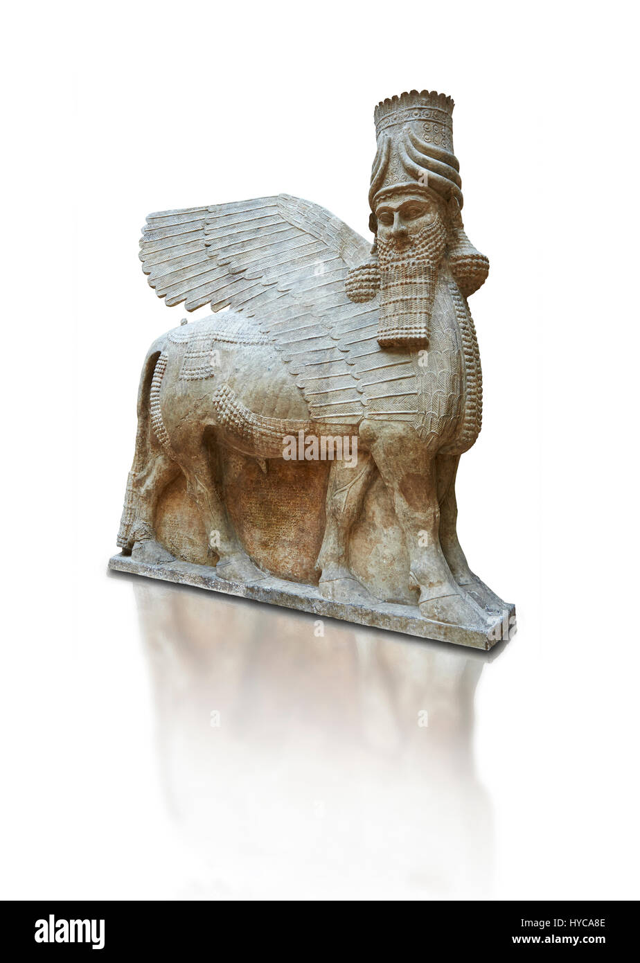 Steinstatue eines geflügelten Stiers. Reproduktion von der Fassade den Thronsaal, Inv AO 30043 von Dur Sharrukin Palast des assyrischen Königs Sargon II Stockfoto