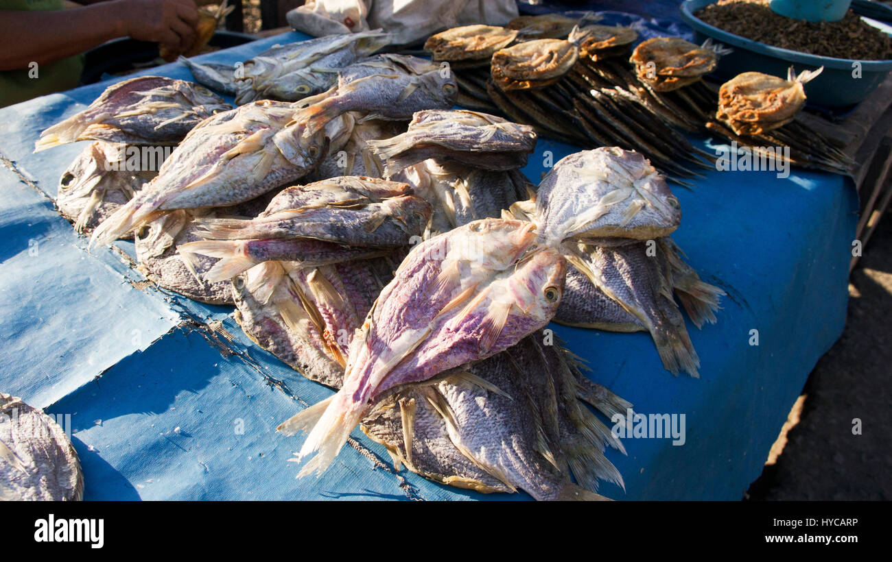 getrockneter Fisch in der Sonne am blauen Tisch am Fischmarkt von Verkäuferin am Nachmittag, Indonesien verkauft. Stockfoto