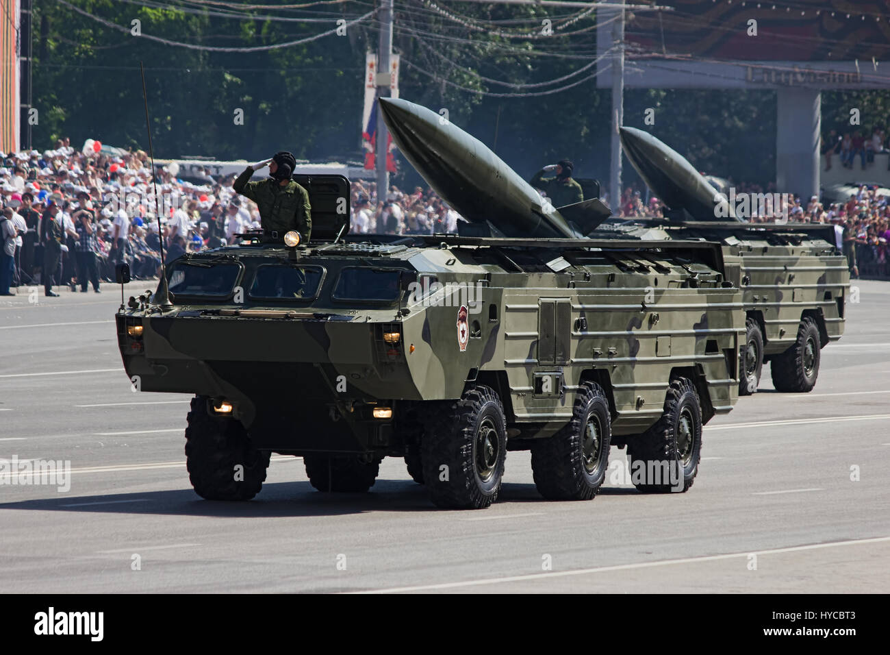 Taktische Rakete "Tochka-U", Rostow am Don, Russland, 9. Mai 2012. Siegesparade auf dem Theaterplatz. Stockfoto