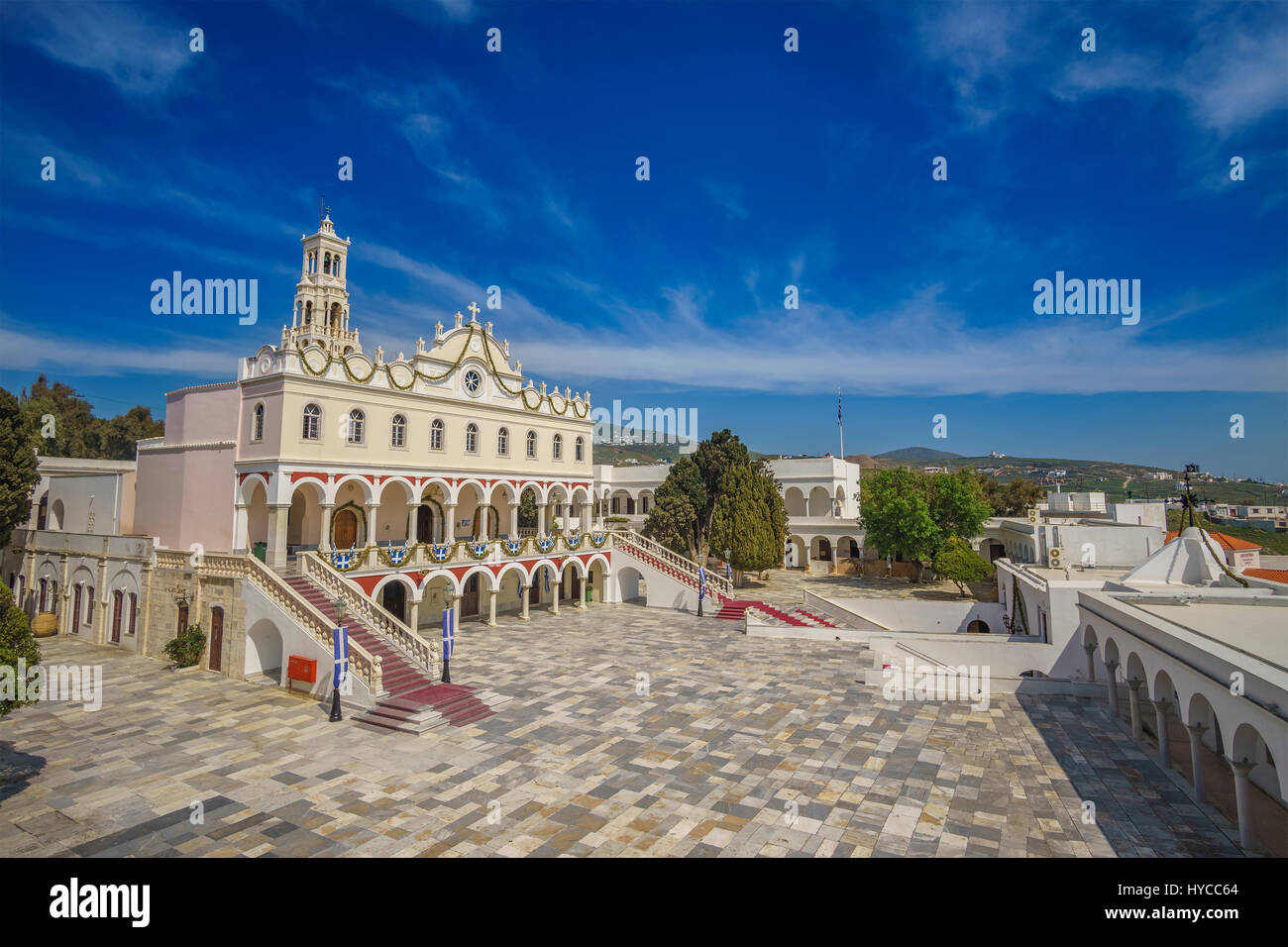 Eingang der Kirche der Panagia Megalochari (Jungfrau Maria) in Tinos, es ist der Schutzpatron der Insel Tinos und als der heilige Beschützer der Gre Stockfoto