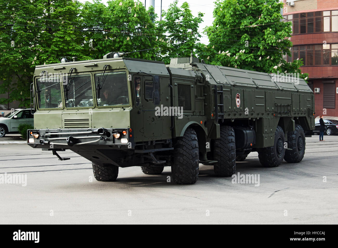 Taktische Rakete Iskander, Rostow am Don, Russland, 9. Mai 2014. Ausrüstung für die Siegesparade zu reservieren. Stockfoto