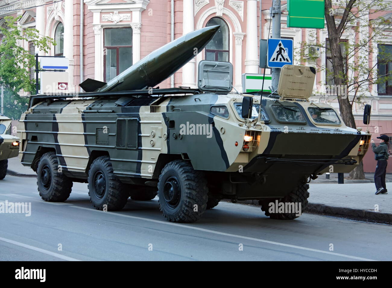 Taktische Raketen Tochka-U-System, Rostow am Don, Russland, 6. Mai 2009. Vorbereitung auf die Siegesparade Stockfoto