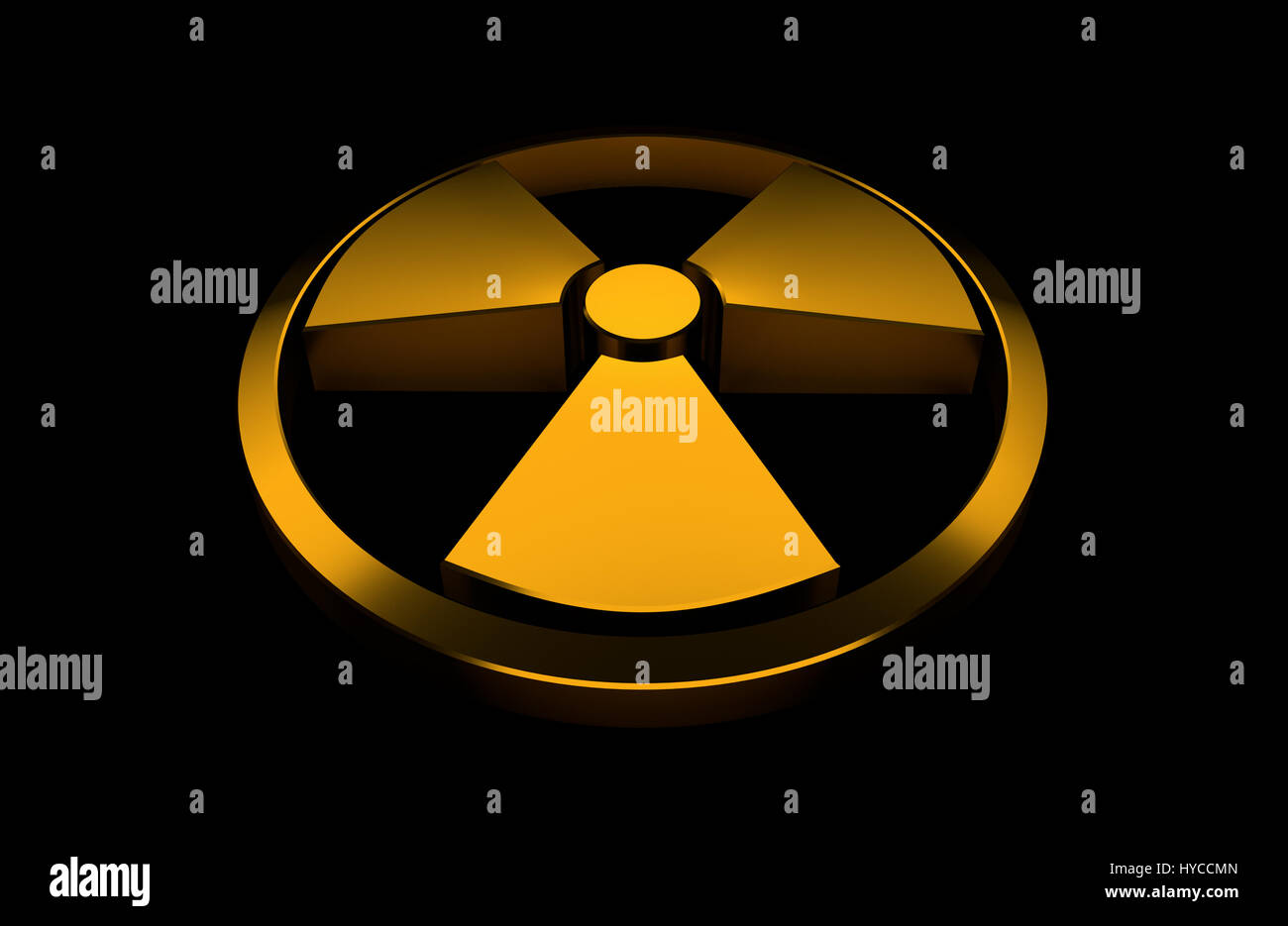 Nukleare Symbol. Orange glänzend Objekt isoliert auf dem schwarzen Hintergrund. 3D Render Abbildung. Stockfoto