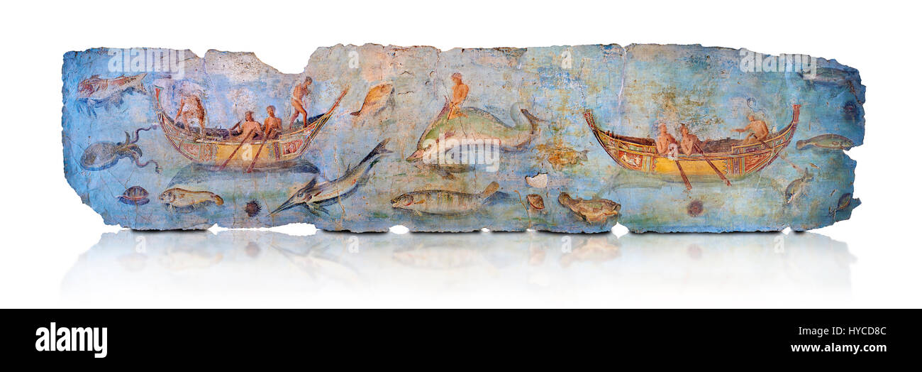 Roman Fresco mit Booten und Unterwasserwelt ab dem zweiten Quartal des ersten Jahrhunderts nach Christus. (Mosaico Fauna Marina da Porto Fluviale di San Paolo), Museo Stockfoto