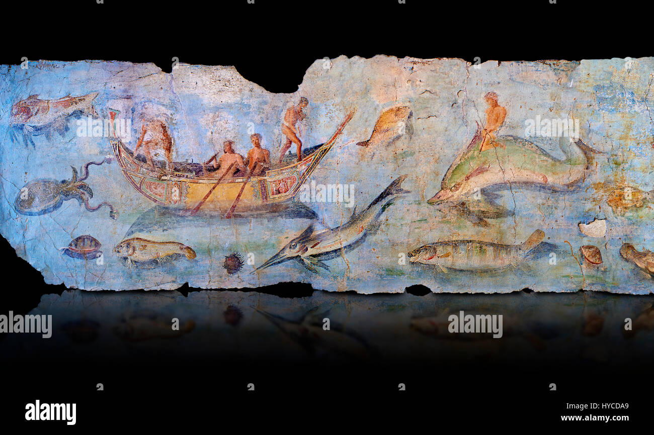 Roman Fresco mit Booten und Unterwasserwelt ab dem zweiten Quartal des ersten Jahrhunderts nach Christus. (Mosaico Fauna Marina da Porto Fluviale di San Paolo), Museo Stockfoto